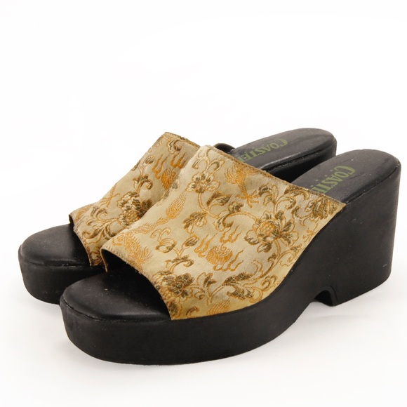 Vintage Shoes - Vintage 90s Coaster Asian Floral Inspired Satin Platform Wedge Sandal Shoes